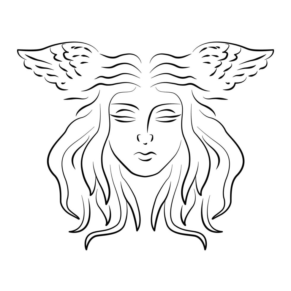 concepto de línea de retrato de mujer art deco. cabeza con ilustración de alas para diseño de moda, impresión, carteles, invitaciones, tarjetas, folletos. vectorial en fondo blanco. aislado vector