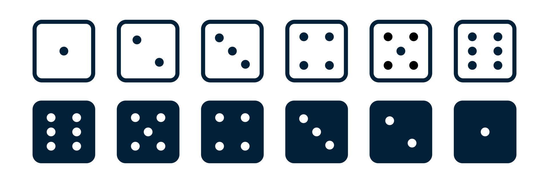 Dice game line icon set.  Pipped dices. Toss from one to six. Die for casino craps, table or board games, luck and random choice. Vector illustration, isolated