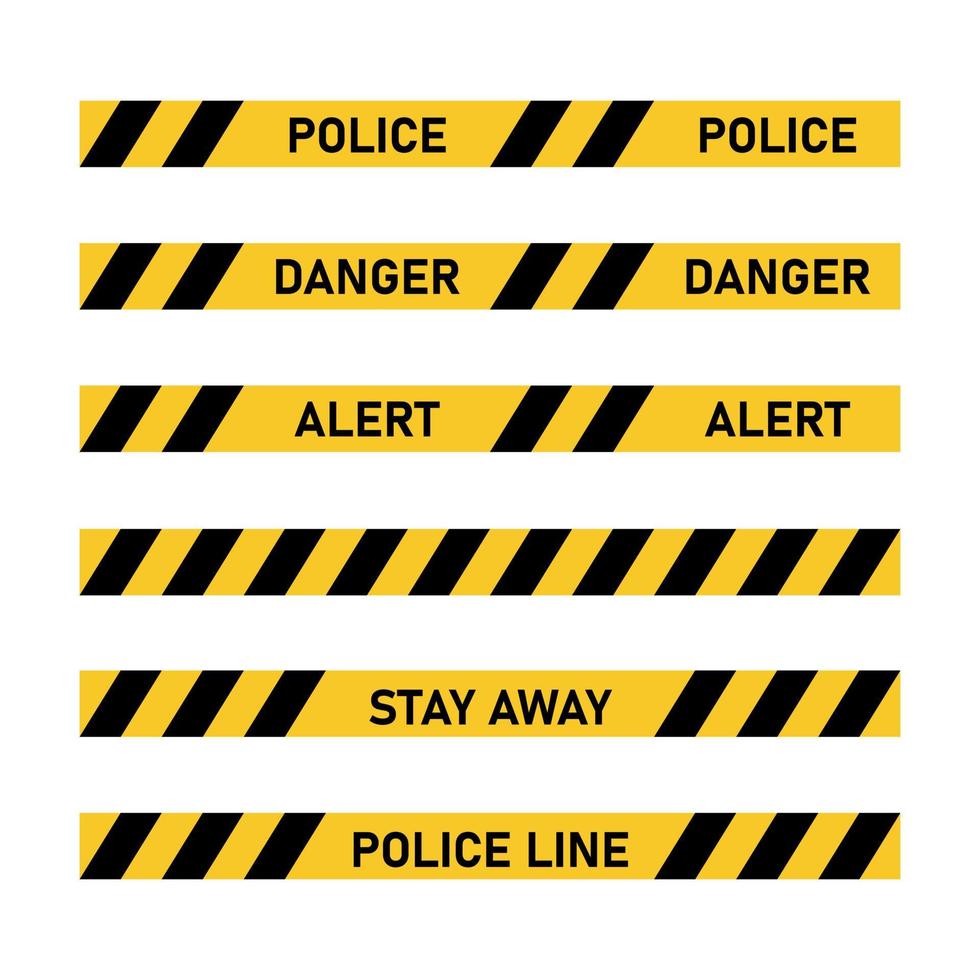 Police tape set. Yellow and black ribbon Danger, Warning, Caution, Alert, Attention. Vector illustration