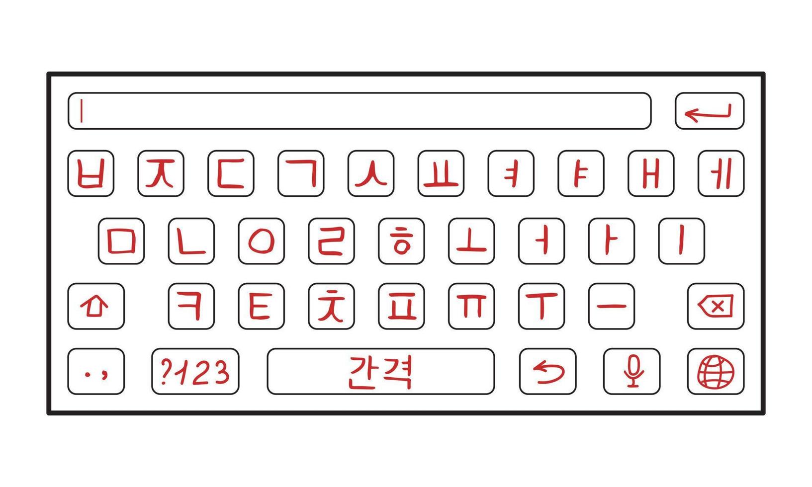 Korean smart keyboard. Hand drawn letters. Vector illustration on white background