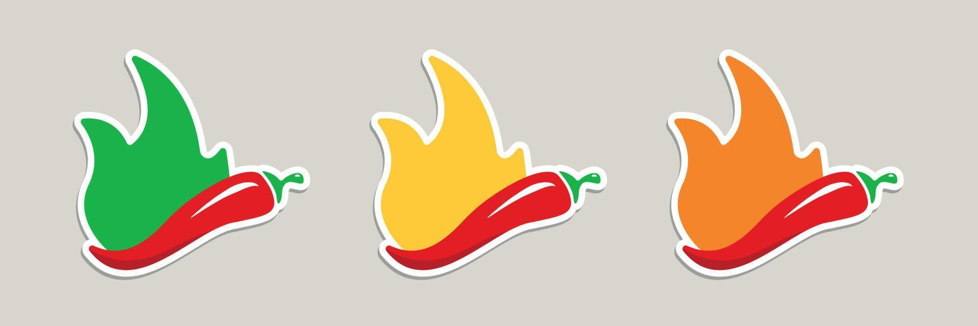 Red Chili Pepper icon set. Indicator fire strength scale. Hot Chilli Pepper with flame on white background. Vector illustration