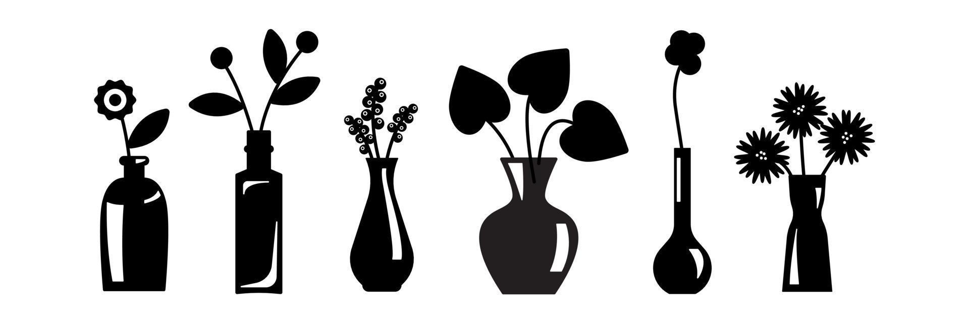 Flowers in the vase silhouette. Simply shapes. Element of interior, decoration for design. Vector illustration on white back ground isolated
