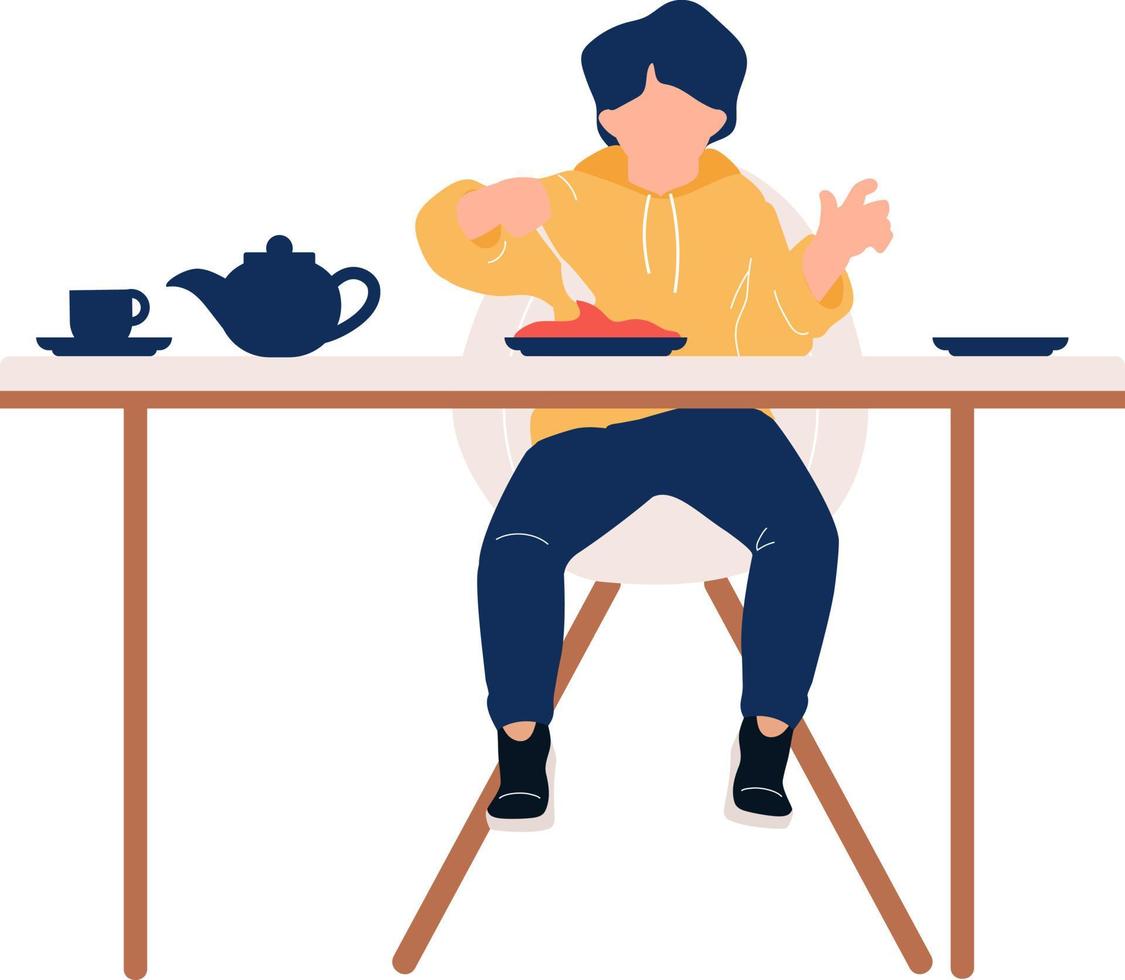 Little stylish boy eating breakfast at table semi flat color vector character