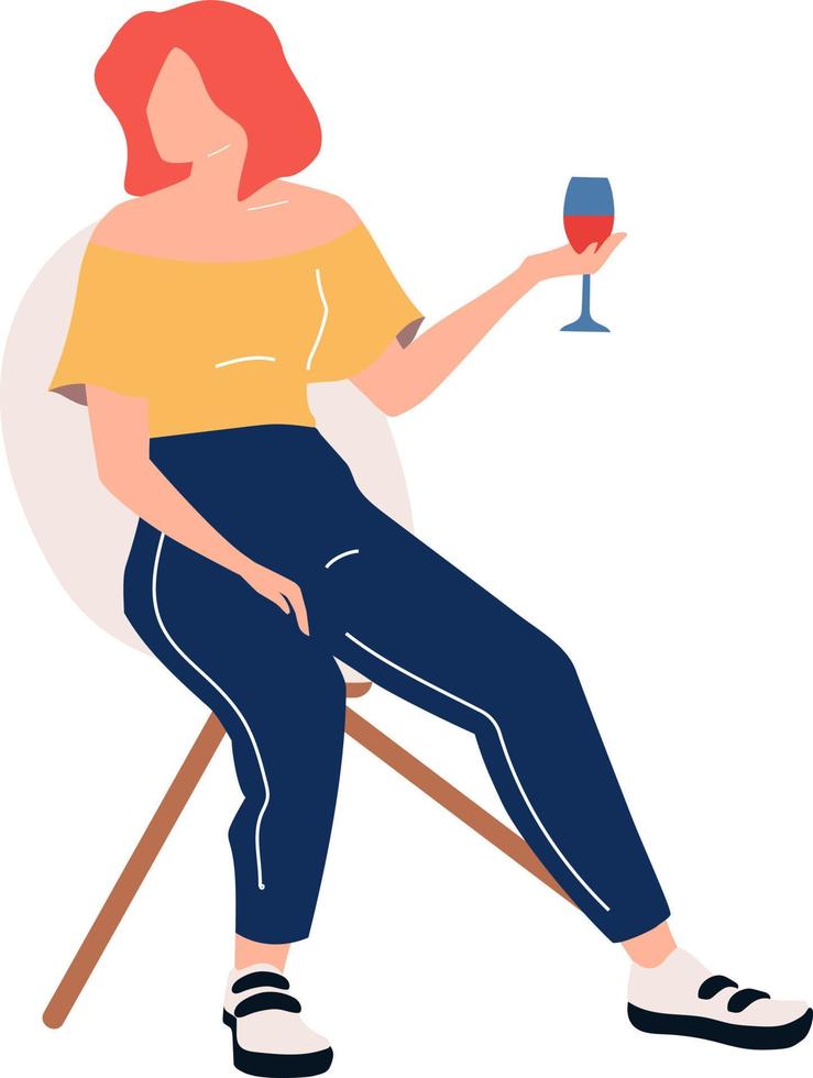 Relaxing red haired woman with wine in glass semi flat color vector character