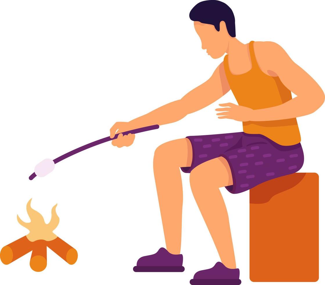 Man roasting marshmallows over fire semi flat color vector character