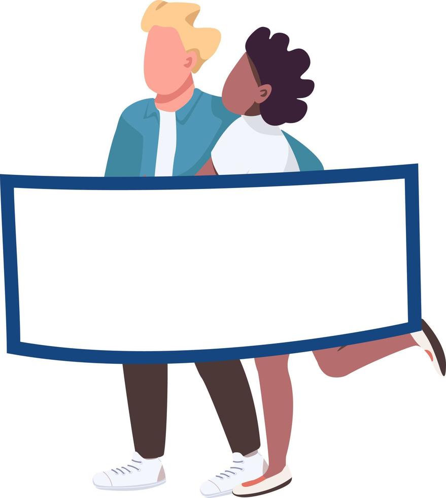 Happy young couple with blank poster semi flat color vector characters