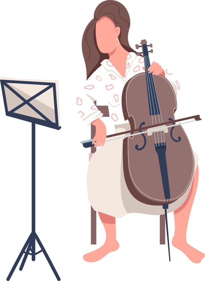 hermosa dama tocando violonchelo semi plano color vector carácter