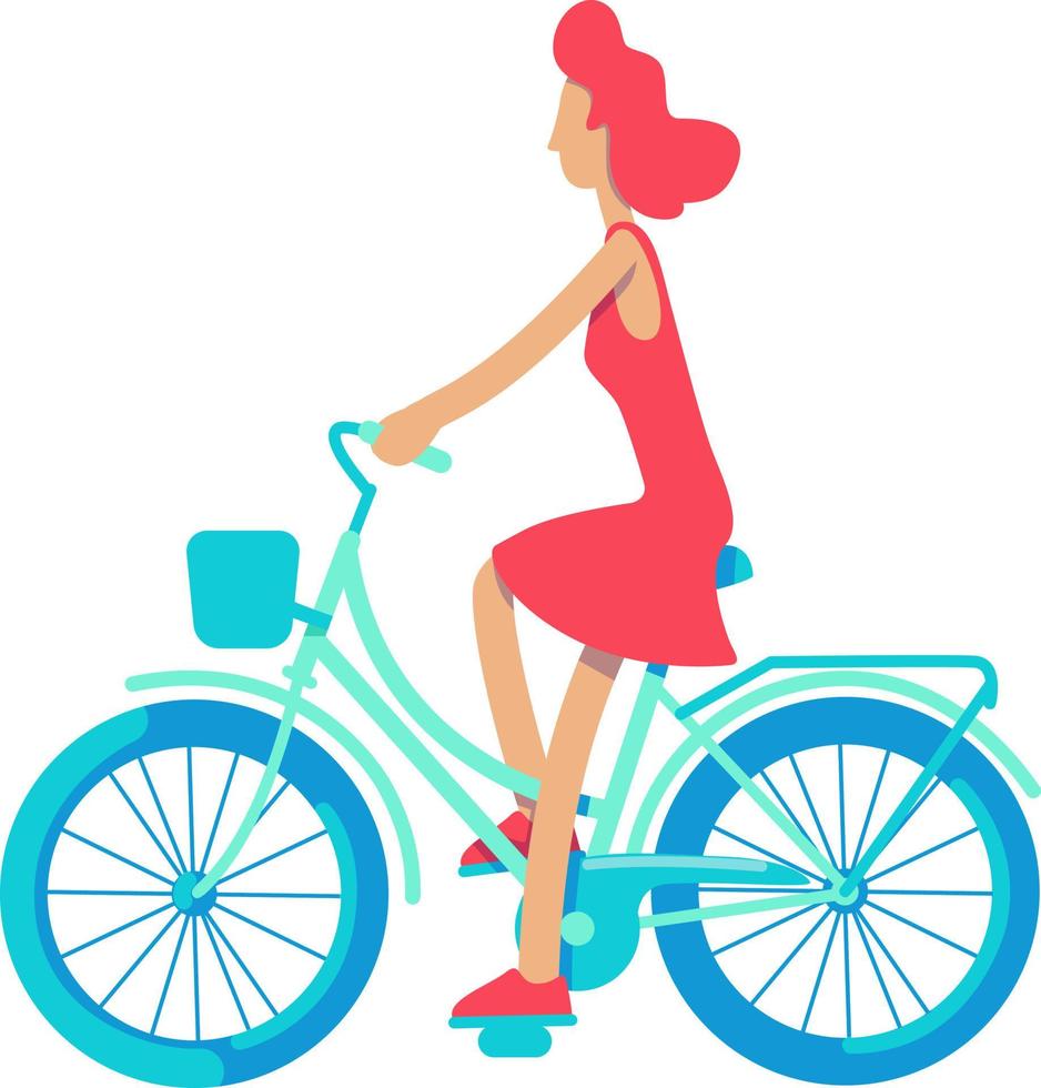 Young carefree lady riding bicycle semi flat color vector character