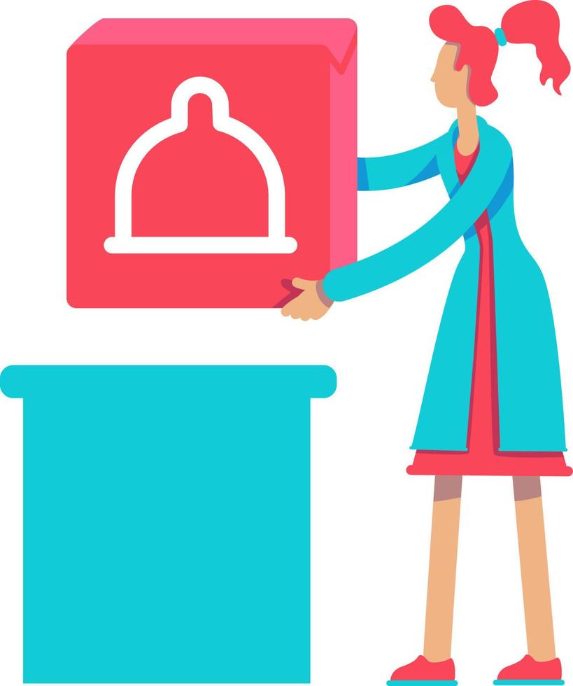 Female medical assistant with big red button semi flat color vector character