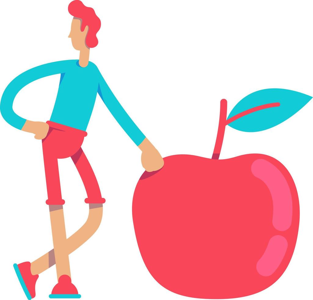 Young man with big red apple semi flat color vector character