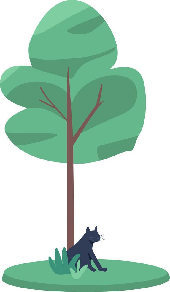 Young tree with black cat underneath semi flat color vector object