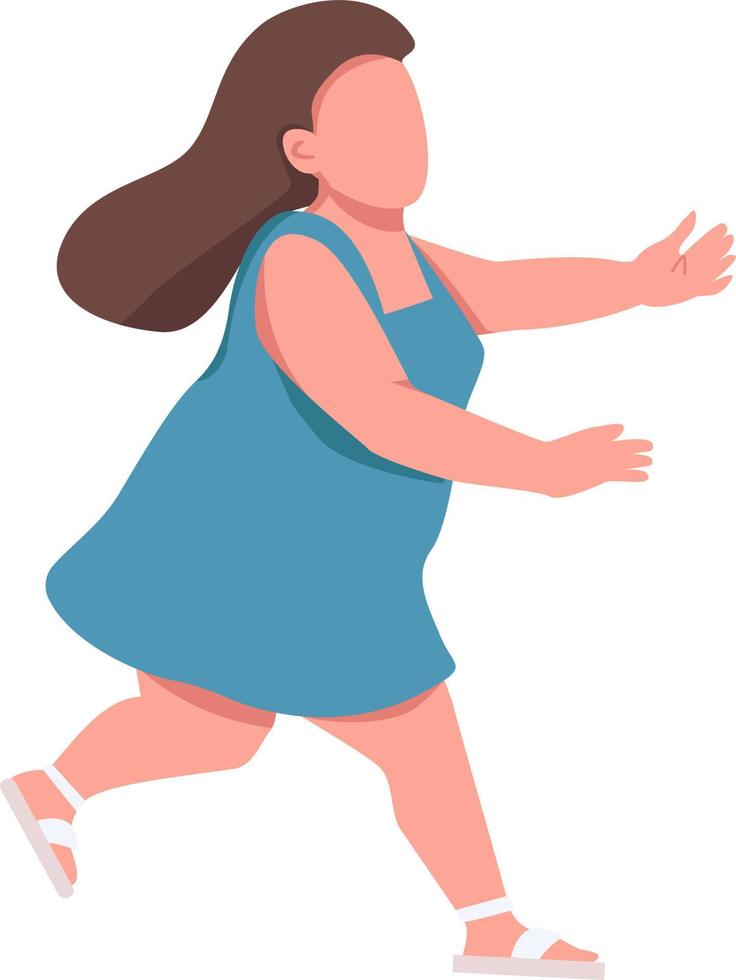 Young curvy woman stretching arms forward semi flat color vector character