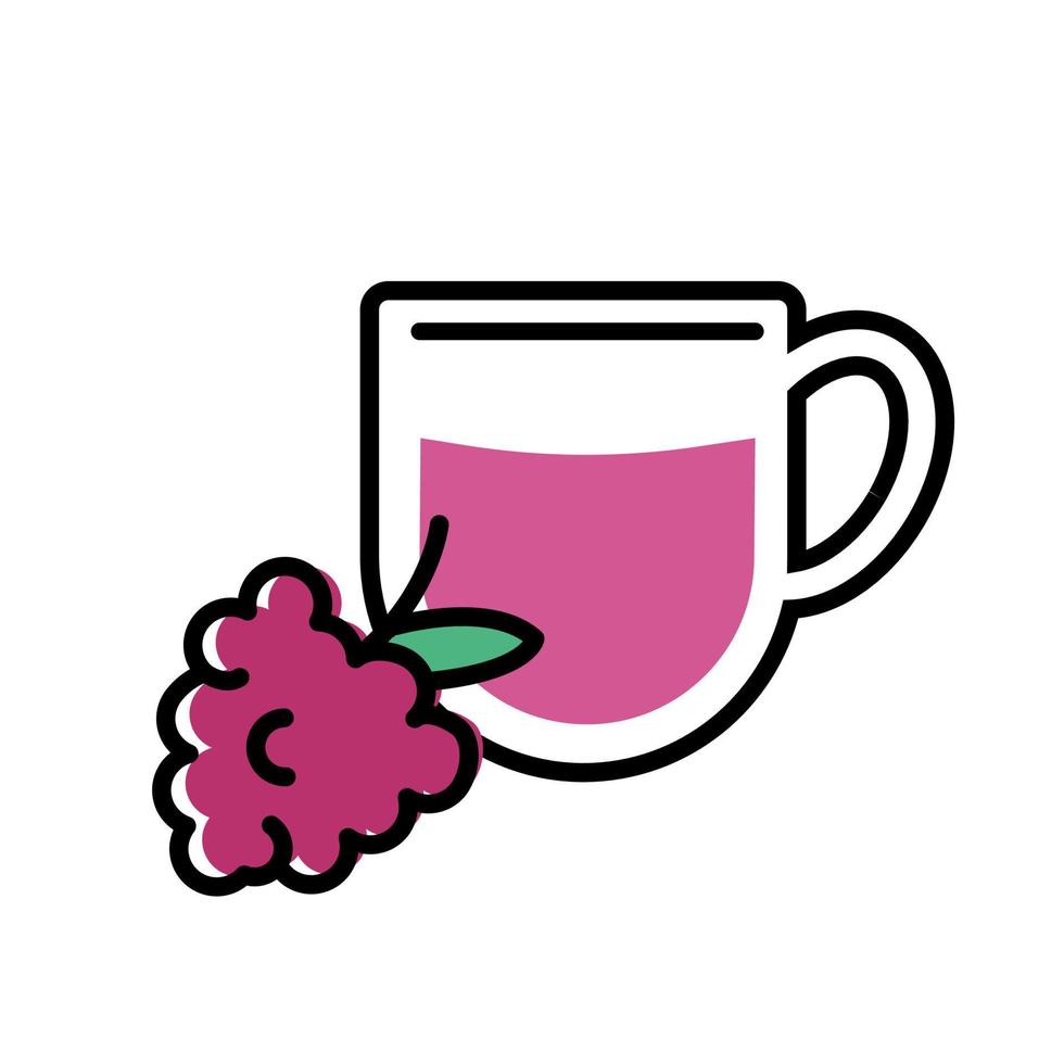 Raspberries tea. Tea cup line icon concept. Berry tea drink for calmness. Vector illustration