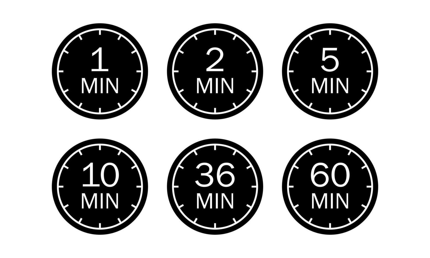 Minute timer icons set. Symbol for one minute, two, five, ten, 36 minutes and 1 hour. The indicates the limited cooking time or deadline for an event or task. Countdown vector illustration