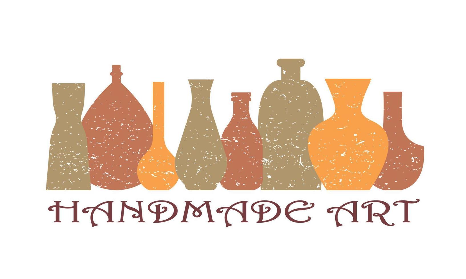 Ceramic Vases silhouette set. Abstraction Pottery with grunge textures. Colorful Template for hobby, shop, business. Vector illustration on white background