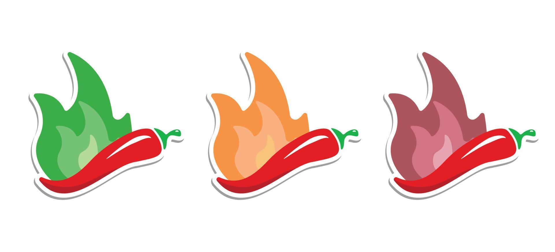 conjunto de iconos de pimiento rojo. indicador de escala de fuerza de fuego. pimiento picante con llama sobre fondo blanco. ilustración vectorial vector