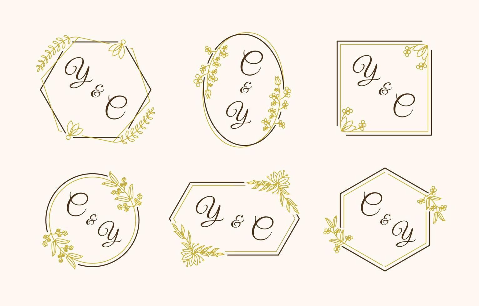 monograma de boda con adorno de flores de contorno vector