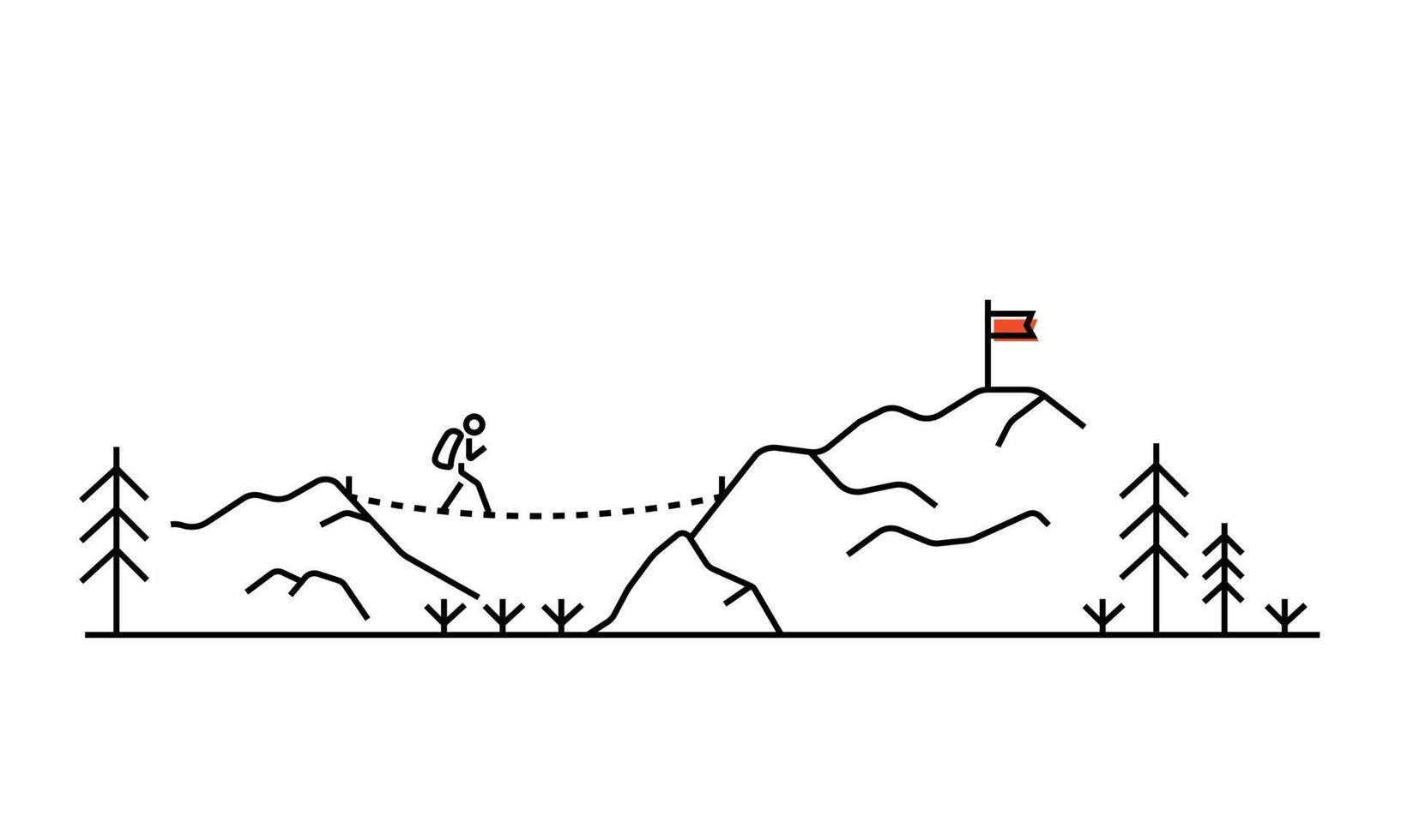 Tourist have a challenge, hiking suspension bridge.  Adventure line art concept. Metaphor. Nordic Landscape. Vector illustration