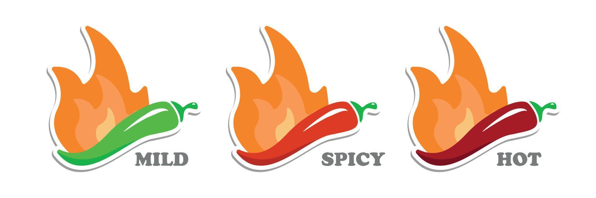 Red Chili Pepper icon set. Indicator fire strength scale. Hot Chilli Pepper with flame on white background. Vector illustration