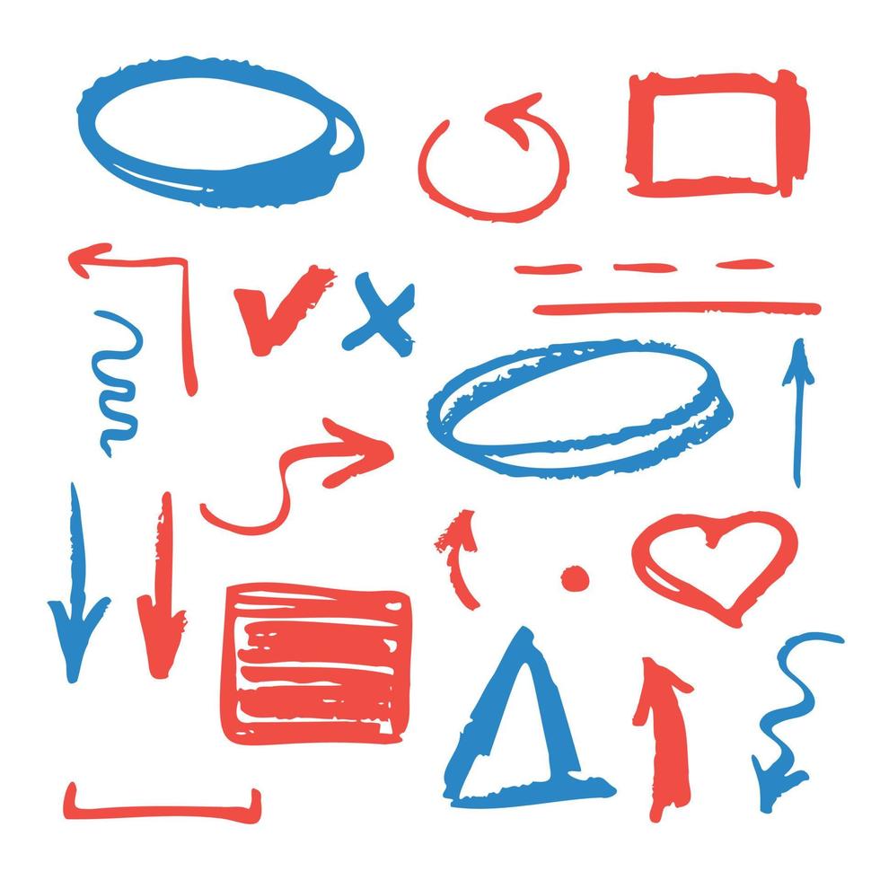 Hand drawn Red and Blue arrows. Pencil styling design elements. Doodle Marker shapes. Vector illustration on white background