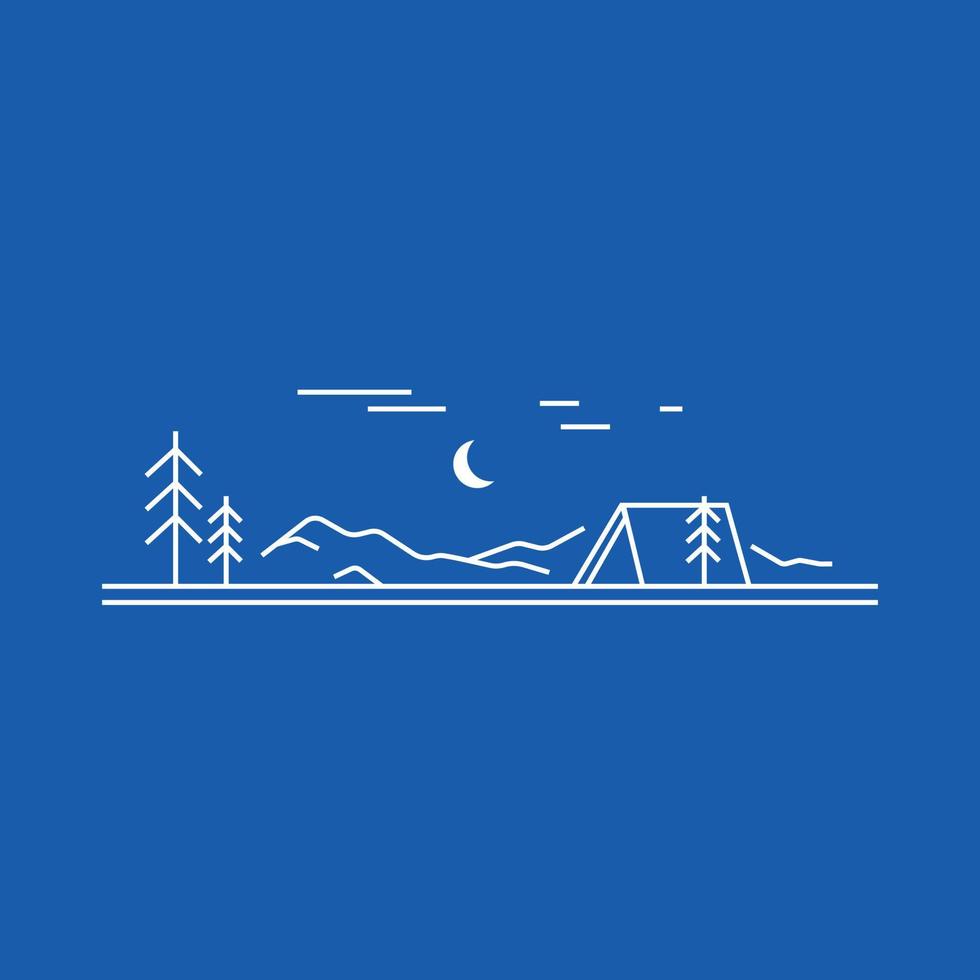 Camping in mounts at night. Line art concept. Mountains tent pine trees landscape. Outdoor rest, trekking, activity sport.  Vector illustration on blue background