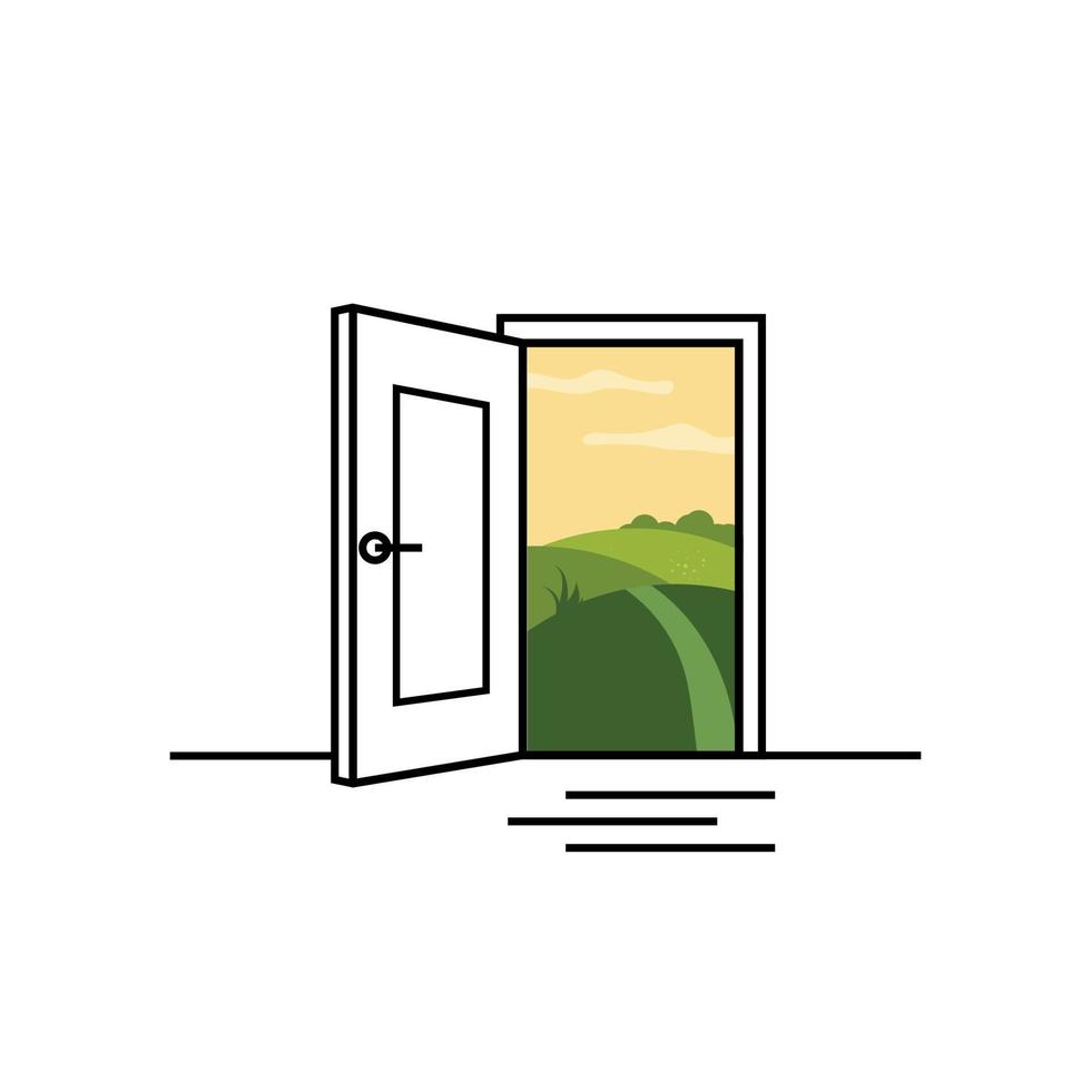 Open door with field landscape. View through open door. Flat and line vector illustration