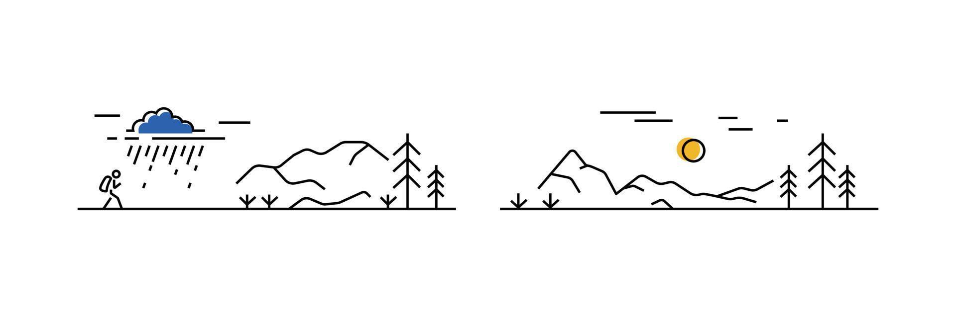 Outdoor rest, trekking, activity sport Line art concept. Tourist in mounts . Bad weather, rain in hike. Geologist work. Nordic landscape. Simple shape.Vector illustration on white background vector