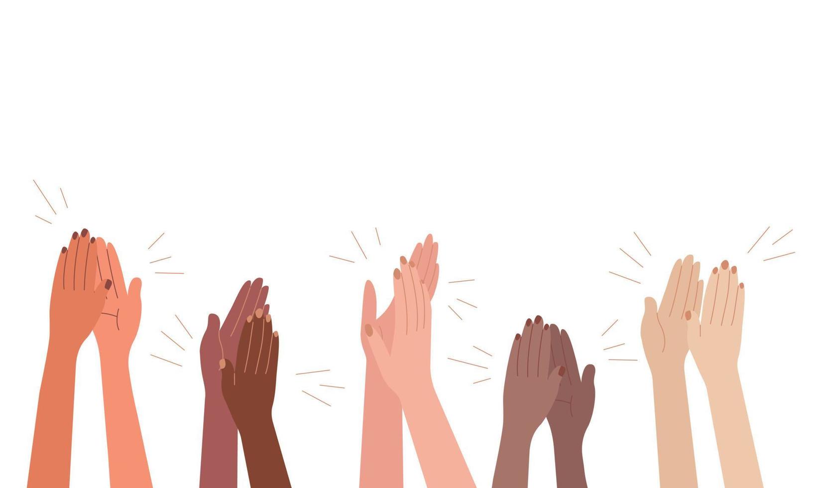 las manos femeninas aplauden. las mujeres aplauden. brazo multicultural. saludos, ovacion, apoyo. ilustración vectorial plana sobre fondo blanco vector