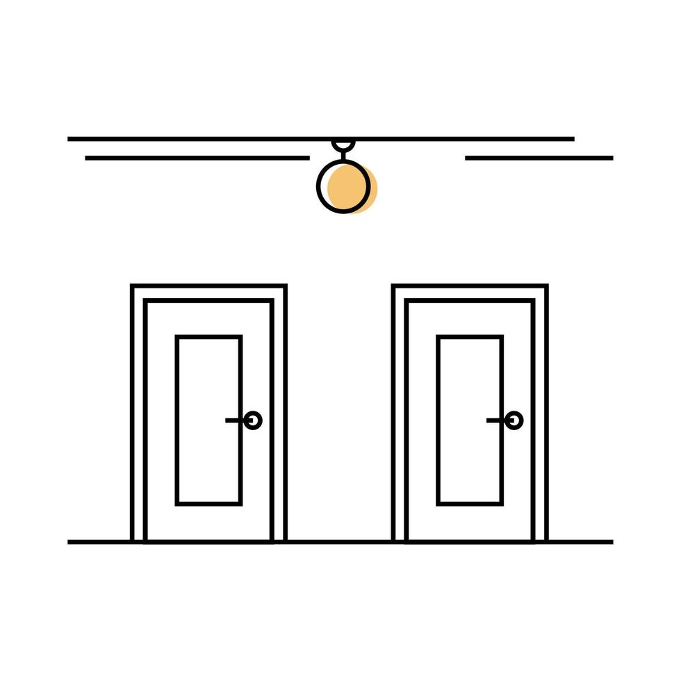 Two Closed doors in a room line art concept. Finding a choice, way out and  Select the way to achieve. Alternative doorway in front view. Vector illustration on white background