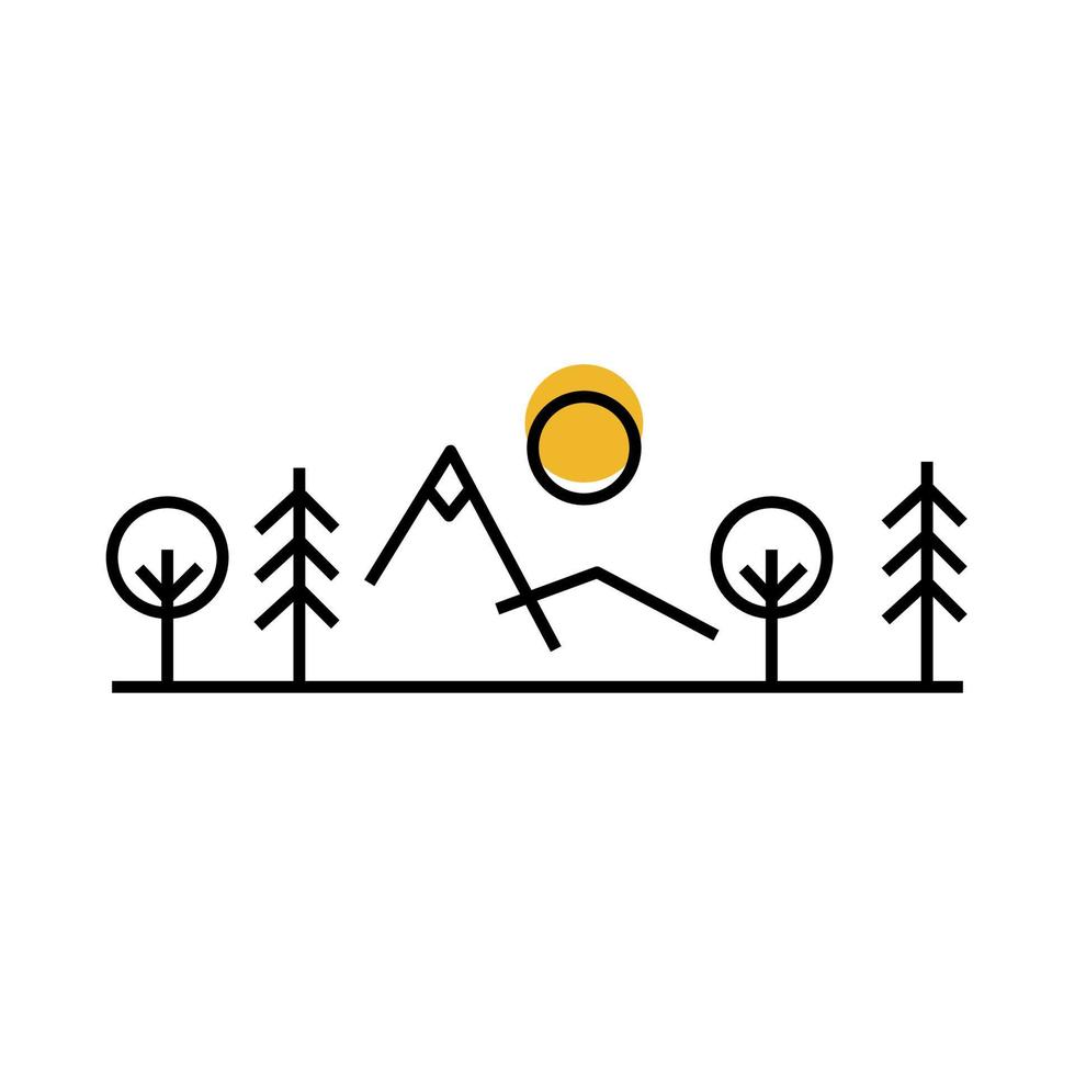 Mountains and Forest  Line art concept. Nature landscape. Outdoor rest, trekking, activity sport.  Vector illustration on white background