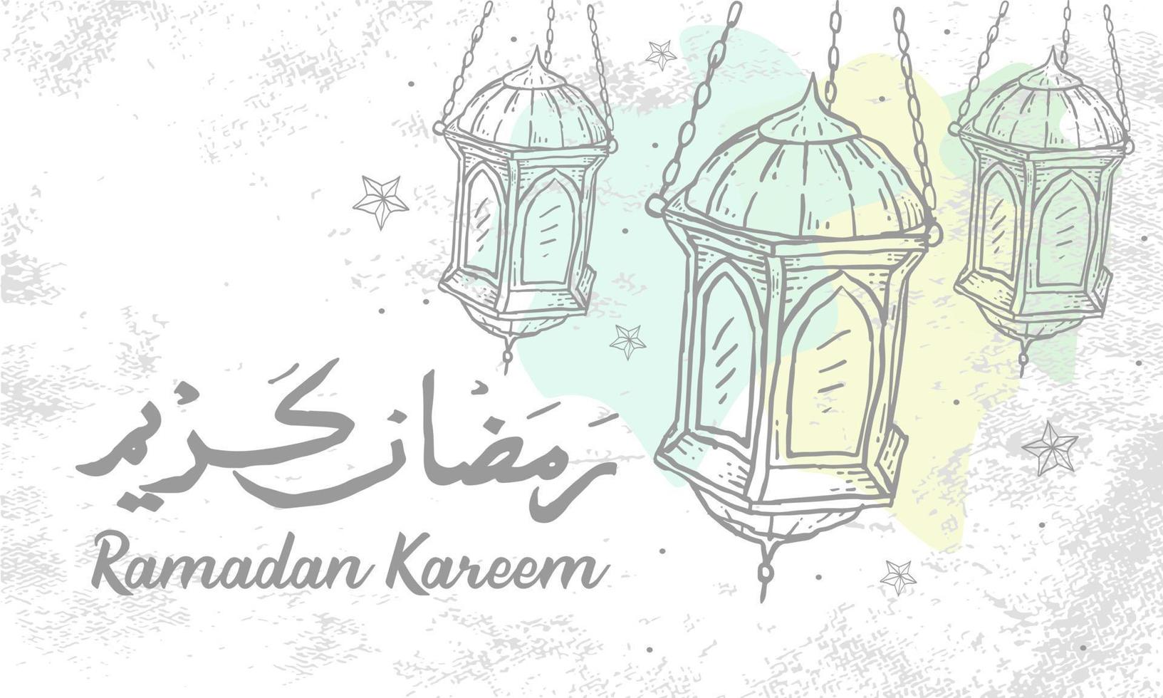 Detailed Sketch Illustration for Ramadan Kareem with Grunge Background and Arabic text. Vector Illustration