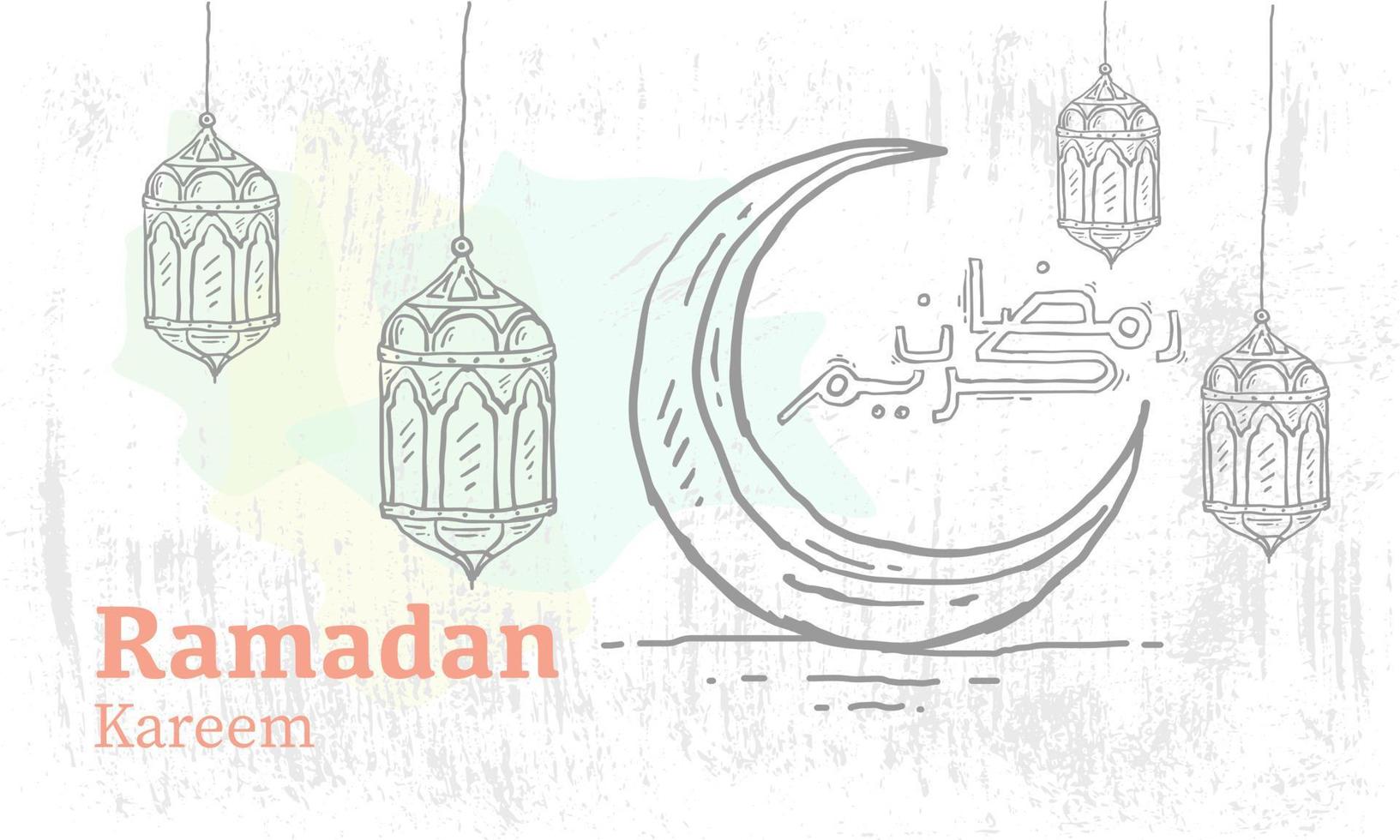 Hand drawn Sketch of Ramadan Lantern with grunge Background. Vector Illustration - Vector