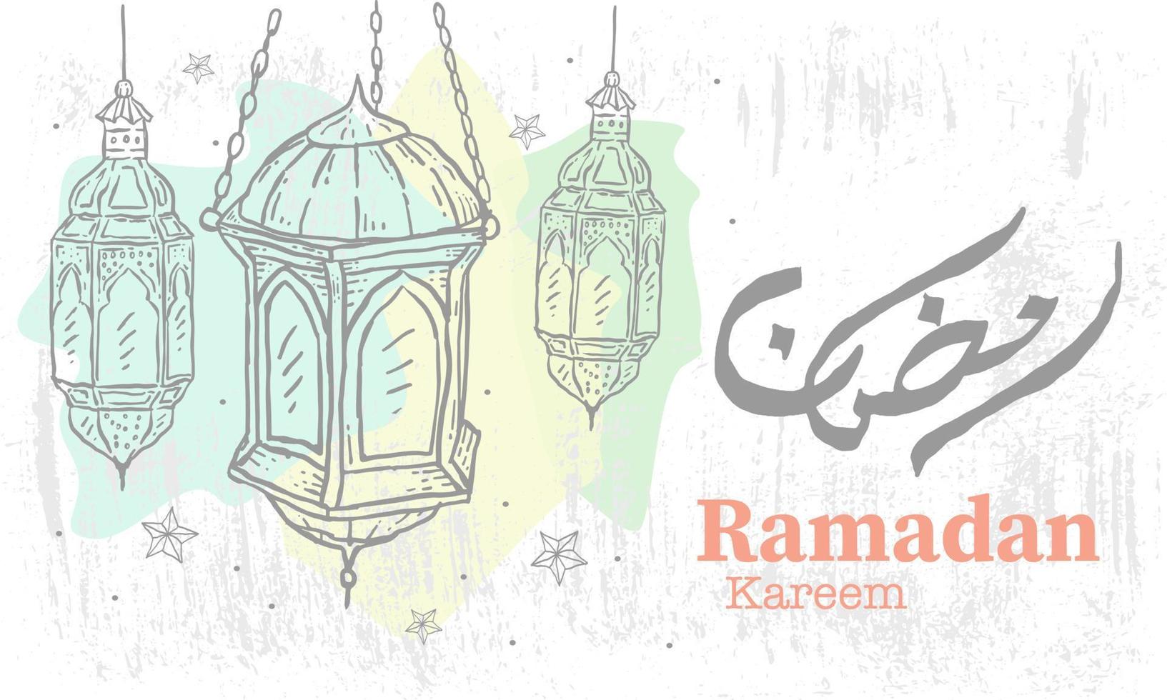 Detailed Sketch Illustration for Ramadan Kareem with Grunge Background and Arabic text. Vector Illustration