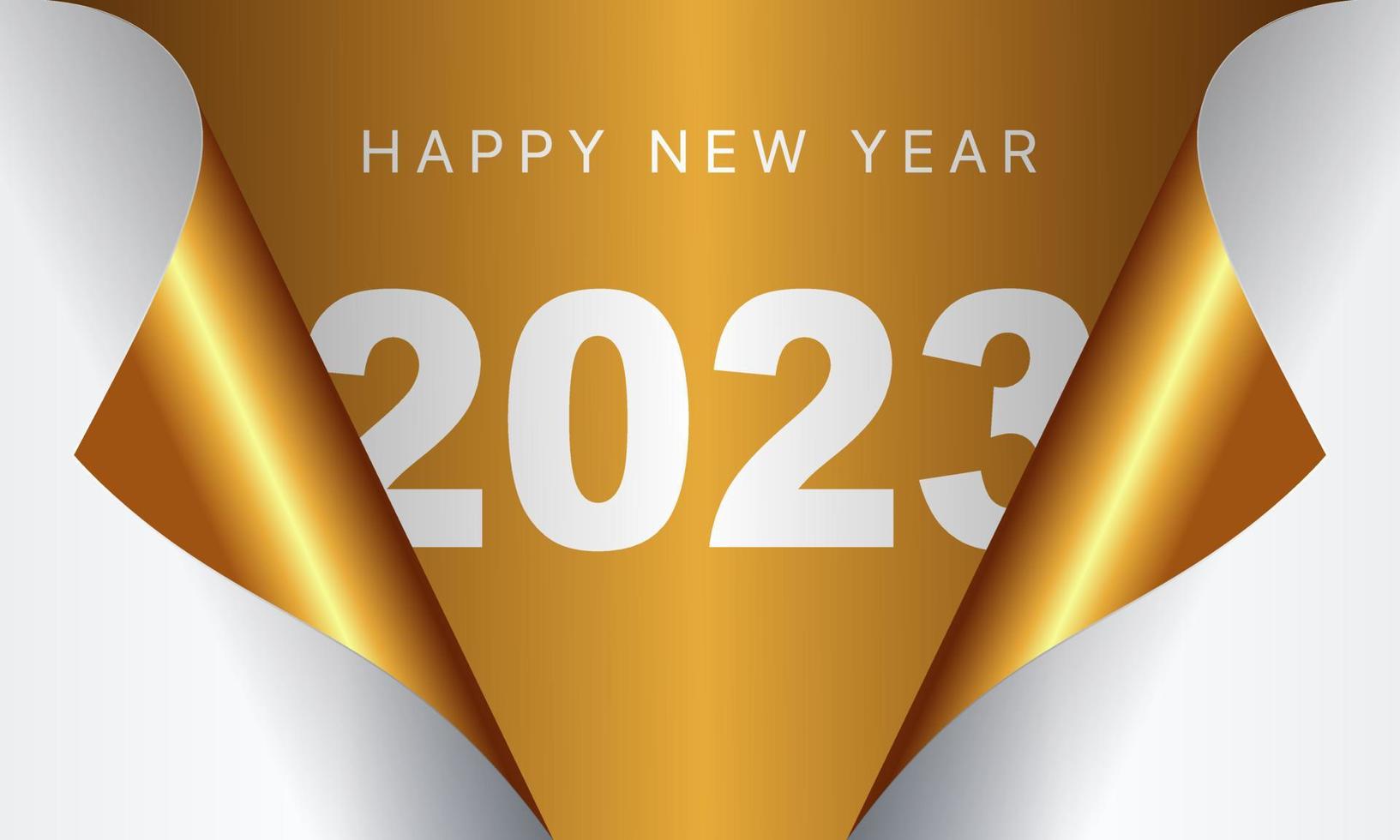 Happy New Year 2023 greeting card design template. End of 2022 and beginning of 2023. The concept of the beginning of the New Year. The calendar page turns over and the new year begins. vector