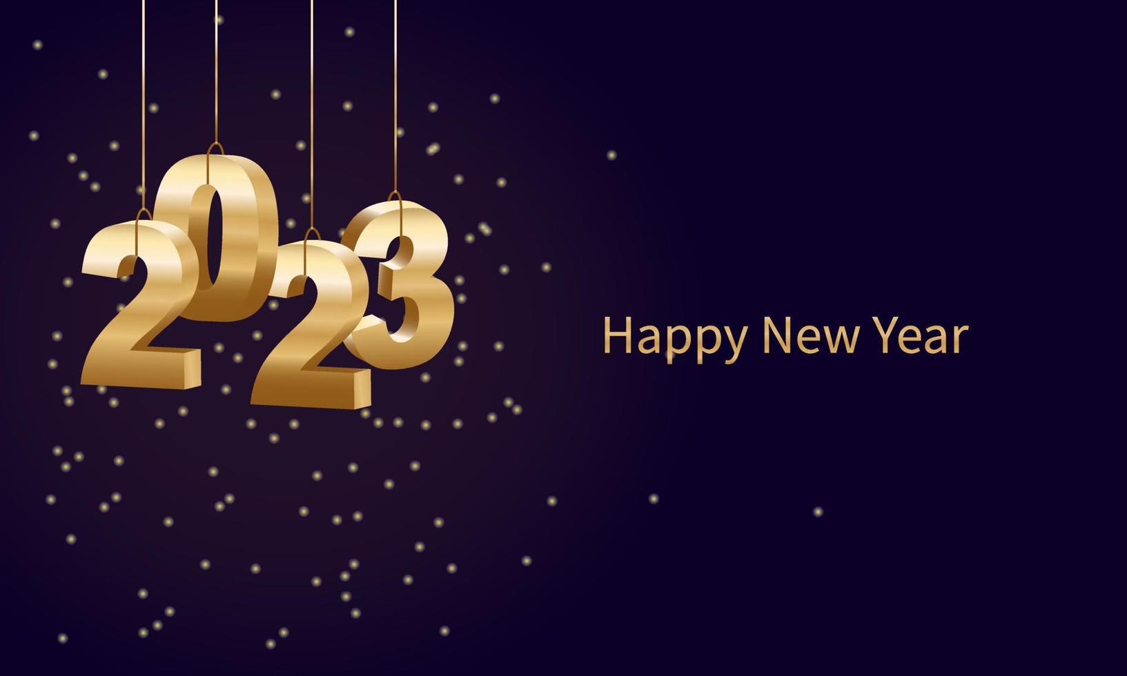 Happy New Year 2023. Hanging golden 3D numbers with ribbons and confetti on a defocused colorful, bokeh background. vector