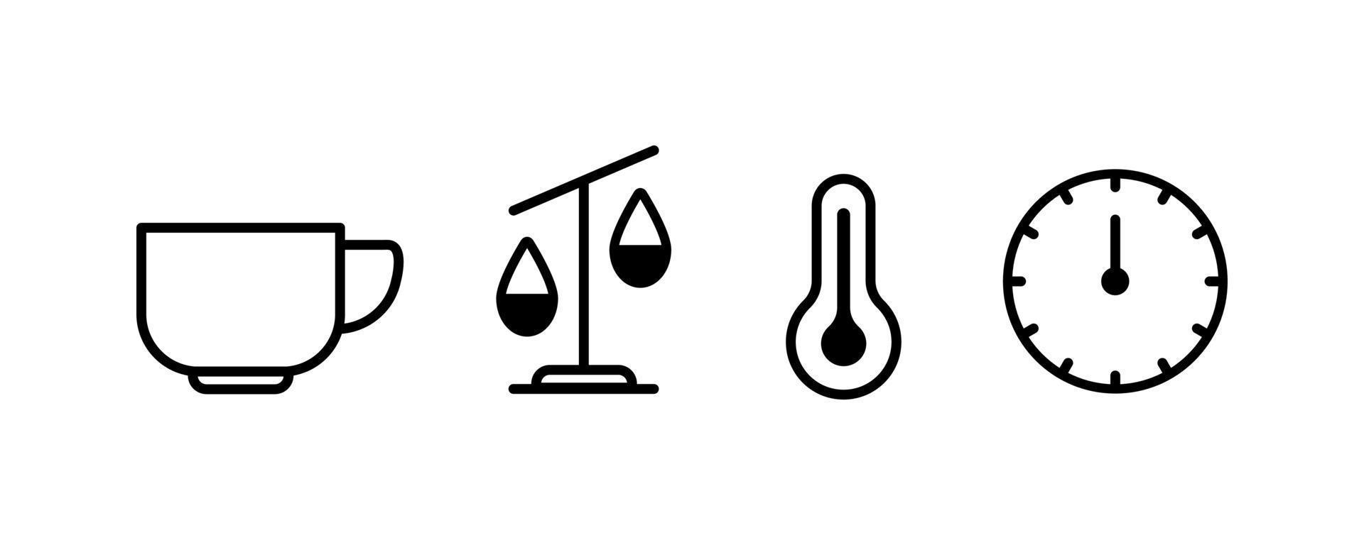 Tea and coffee recipe line icon concept. Hot drink brew instruction. Cup, time, temperature, scales symbols.  Vector illustration