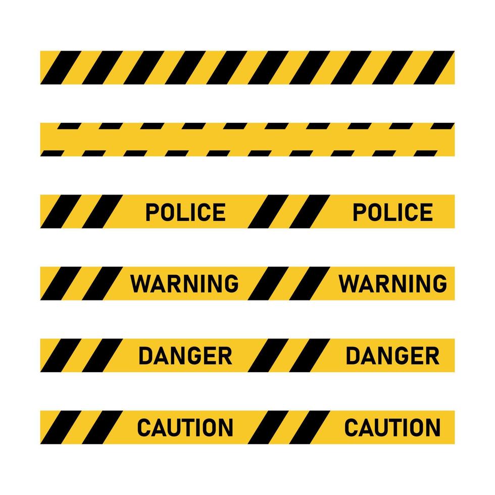 Police tape set. Yellow and black ribbon Danger, Warning, Caution, Alert, Attention. Vector illustration