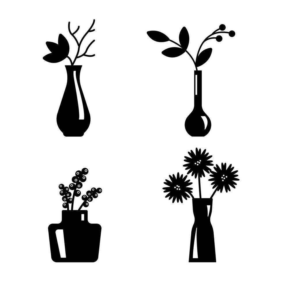 Flowers in the vase silhouette. Simply shapes. Element of interior, decoration for design. Vector illustration on white background isolated
