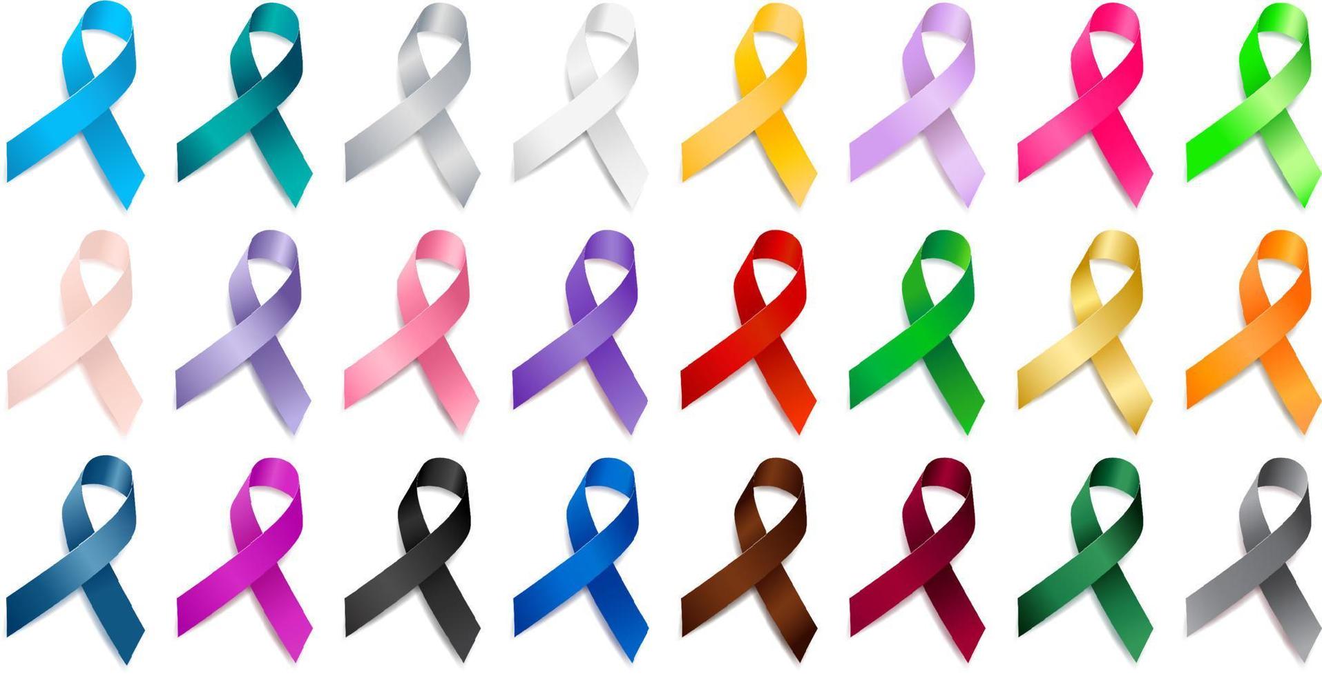 Set of realistic different color ribbon awareness ribbons. vector