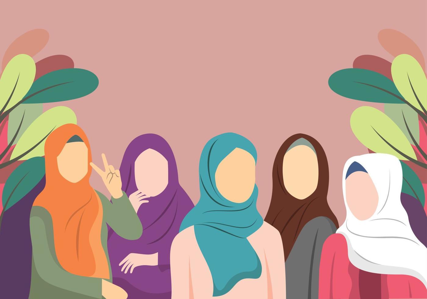 Hijab woman with friends flat design vector and illustration