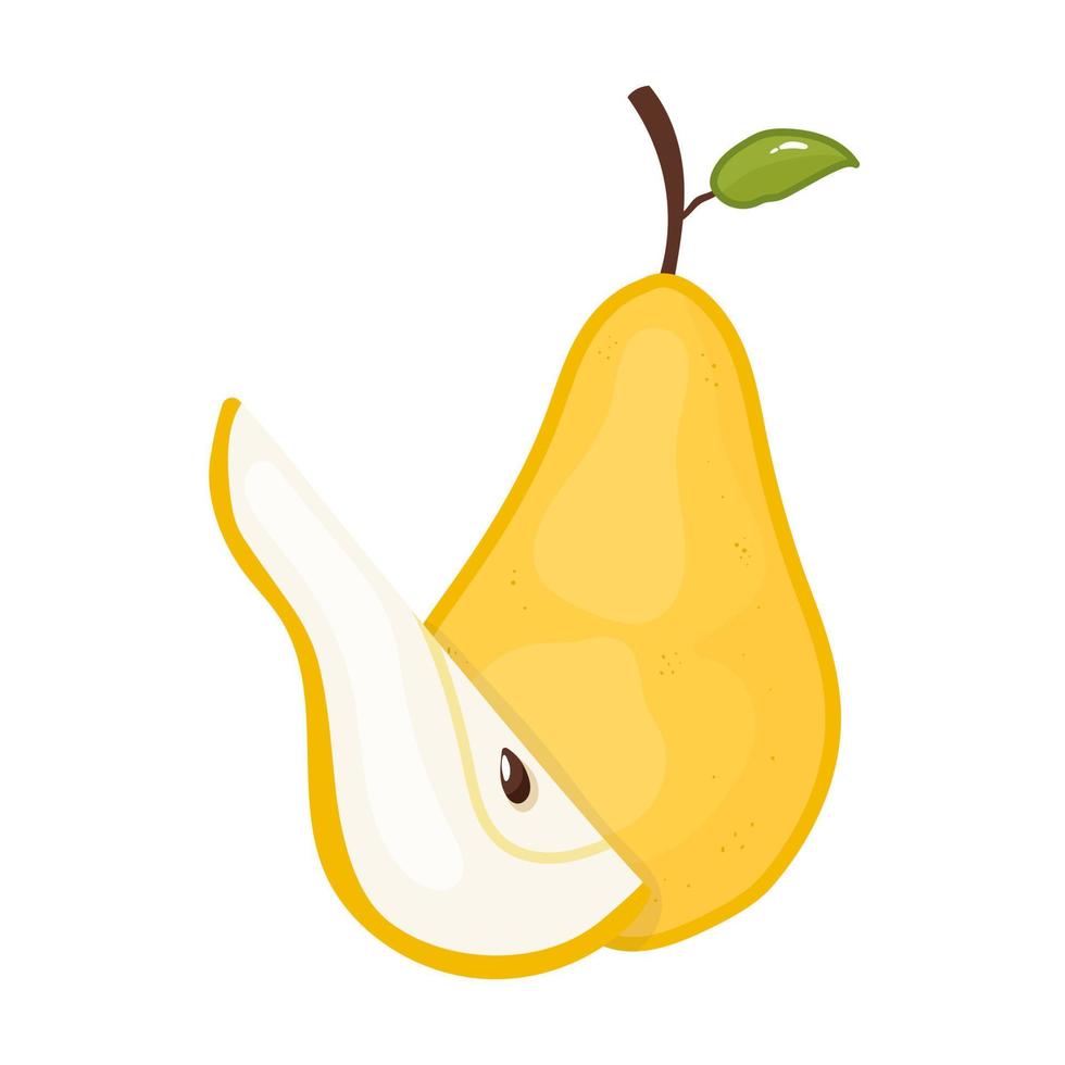 Yellow vector pears, on a white background, in cartoon style, a whole pear, and a half of a pear with green leaves.