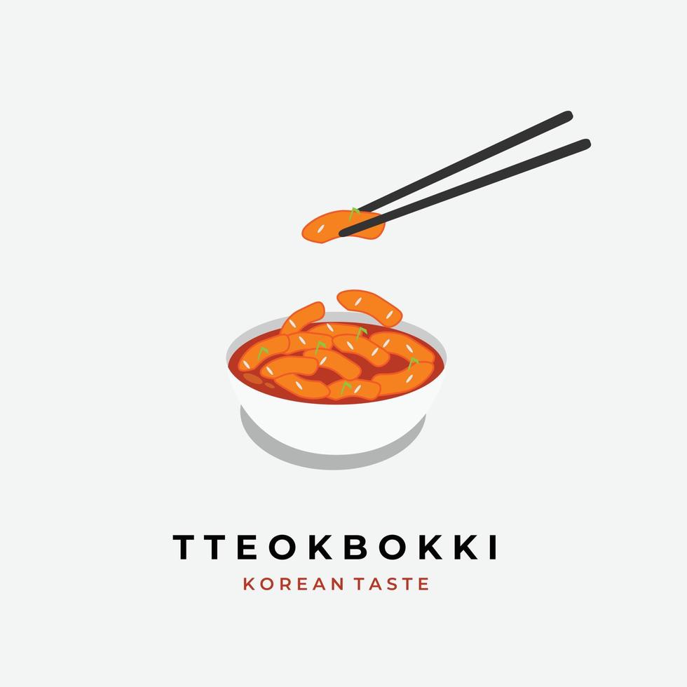 logotipo de ilustración tteokbokki listo para comer con palillos y cuenco blanco vector