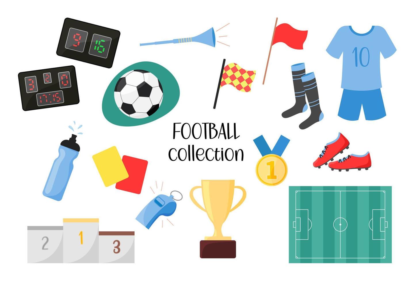 conjunto de elementos de fútbol. colección vectorial de objetos de juego de fútbol aislados en fondo blanco. ilustración plana de pelota para juego deportivo de fútbol, equipo y tela vector