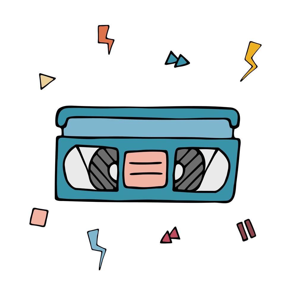 VHS video tape doodle isolated. 90s nostalgia. Vector colored doodle illustration of videocassette from 1990s. Trendy vintage design elements on white background