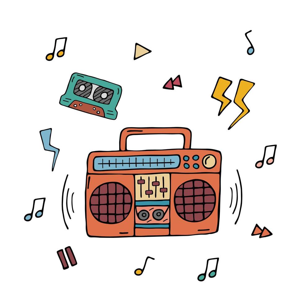Boombox and audio tape doodle isolated. 90s music nostalgia. Vector colored doodle illustration of retro recorder from 1990s and 80s. Trendy vintage design elements on white background