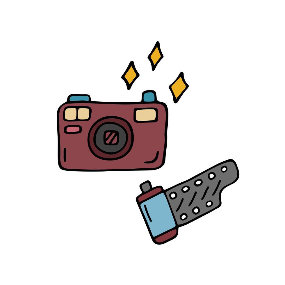 Doodle photo camera and film roll isolated. 90s nostalgia. Vector colored doodle illustration of retro camera from 1990s and 80s. Trendy vintage design photographic elements on white background