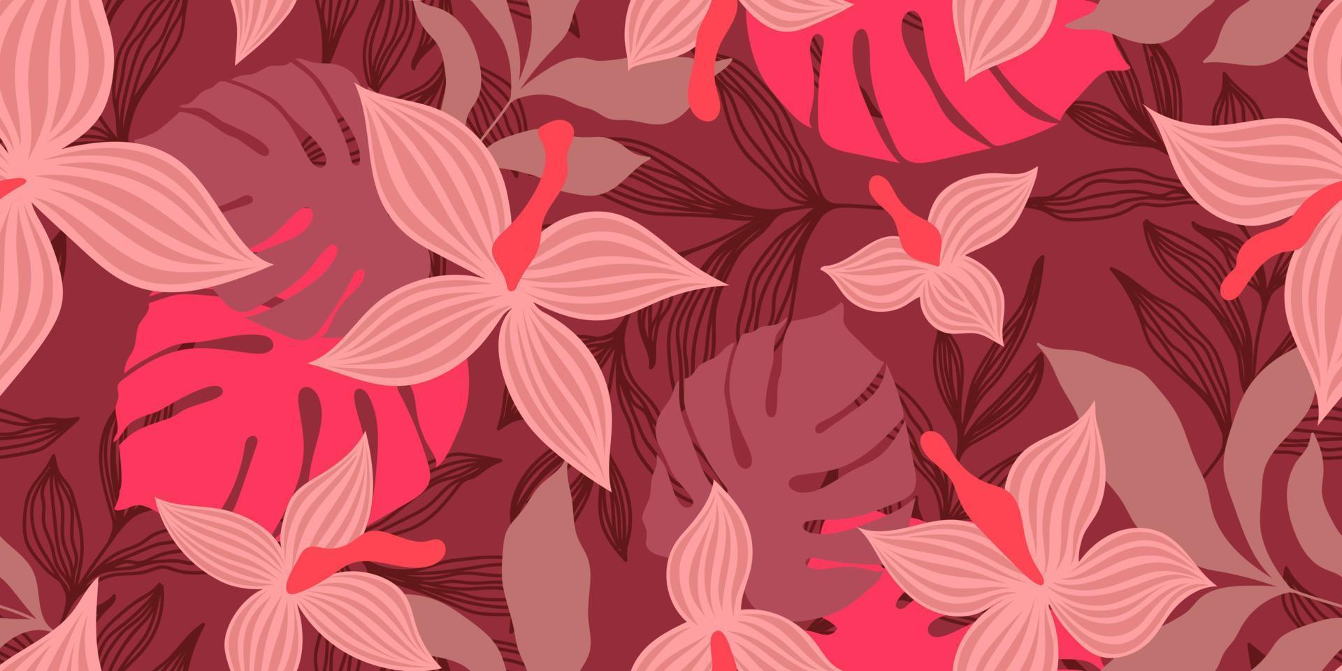 VECTOR SEAMLESS RED BANNER WITH PINK FLOWERS AND COLORFUL TROPICAL LEAVES