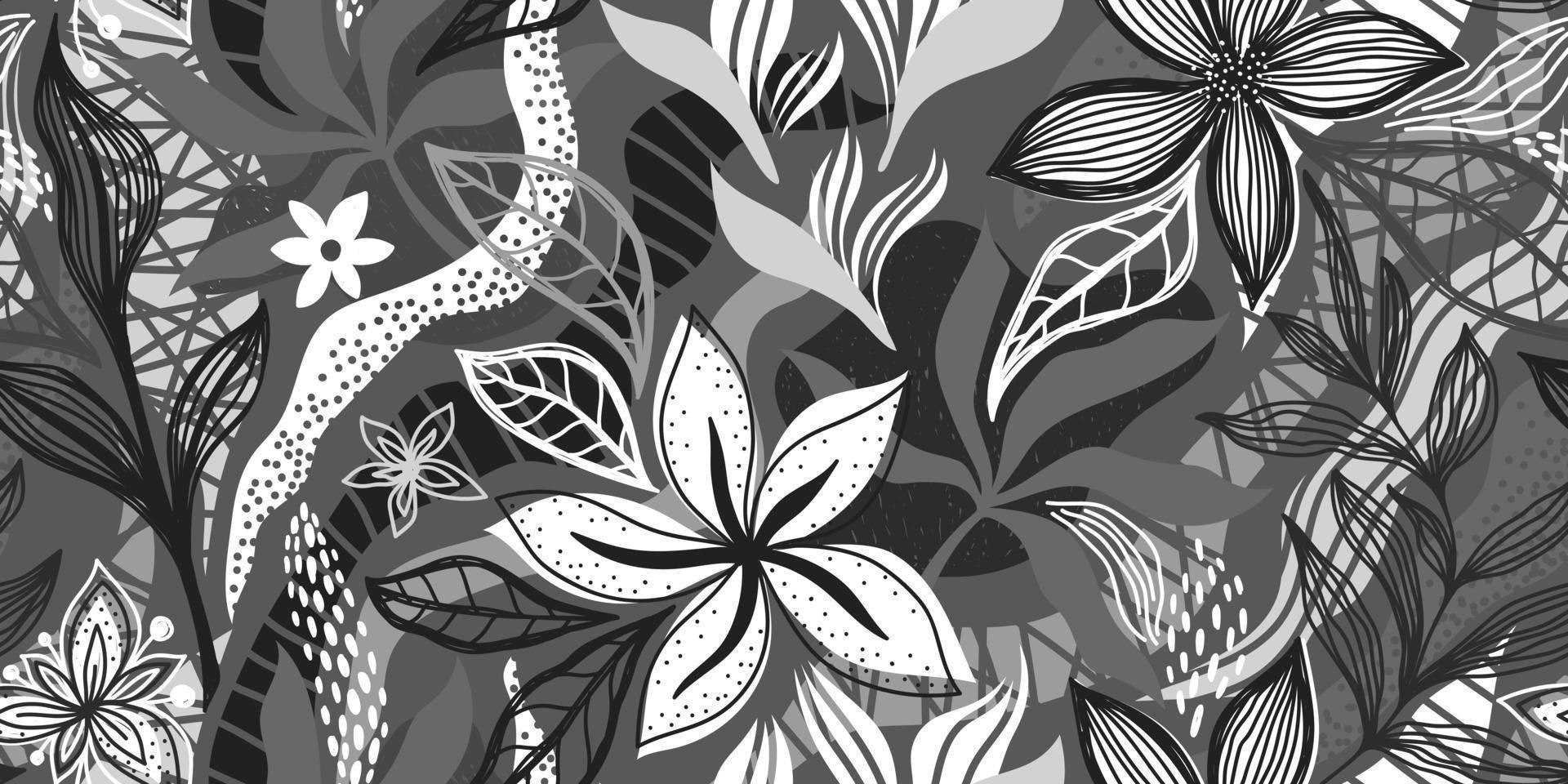 Banner blanco y negro transparente de vector con flores y hojas tropicales