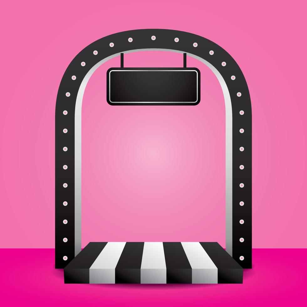 paso de producto en blanco y negro con arco de bombilla en vector de ilustración 3d de piso rosa.