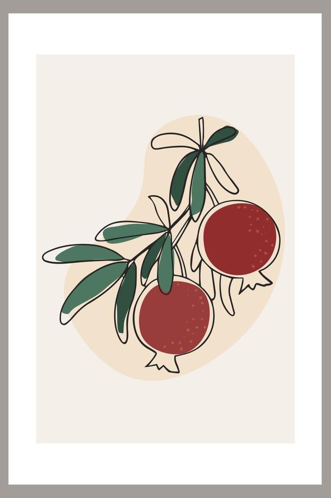 Pomegranates on a branch with leaves. Template with abstract composition, linear fruit art vector